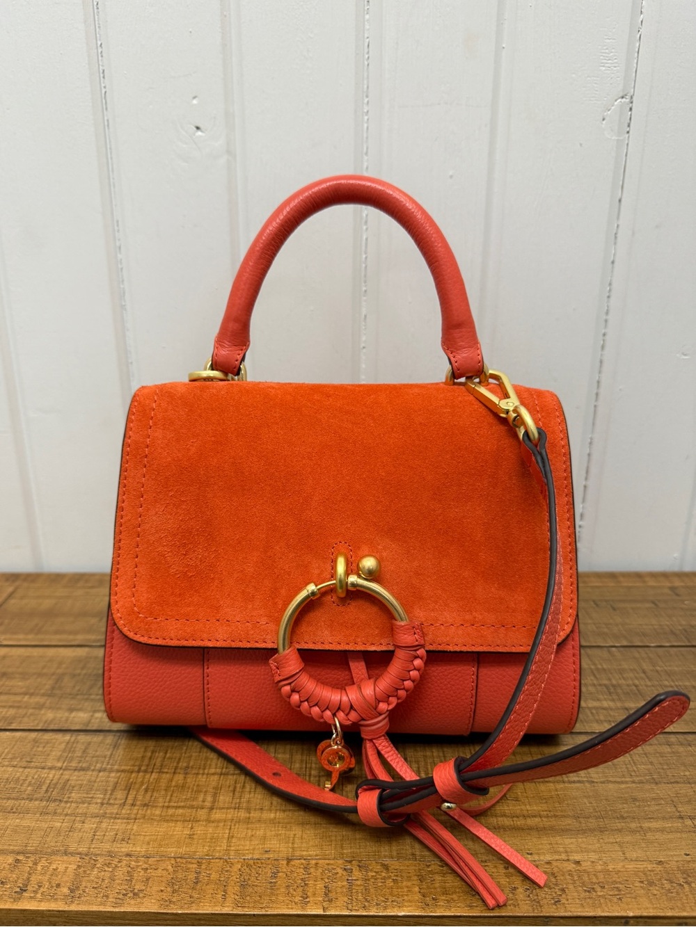 New See By Chloe Joan Bag Orange Suede Leather Top-Handle Gold Ring Accent
